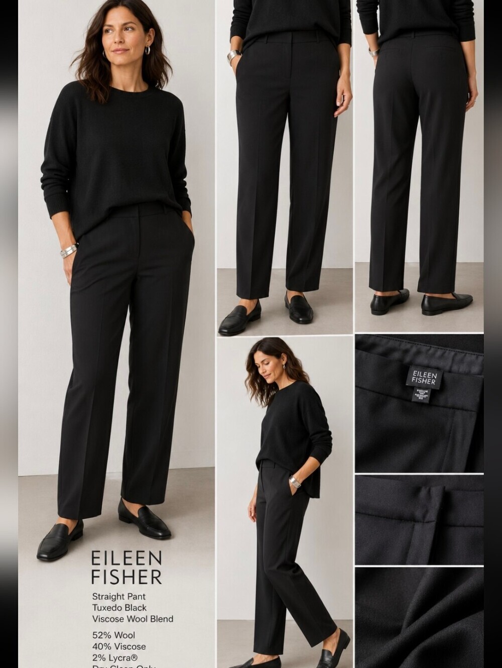 NEW Eileen Fisher Womens Black Wool Rayon Tuxedo Straight Leg Pants Size Medium